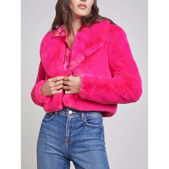 L'Agence Davy Crop Faux Fur Coat Fuchsia size 6